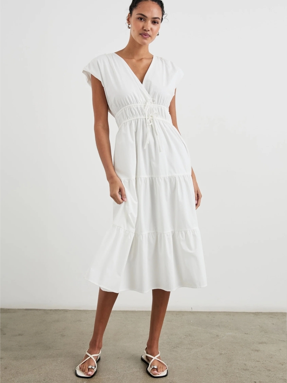 NEW Rails Lucia dress White V-Neck Tiered Midi Dress Drawstring Waist medium